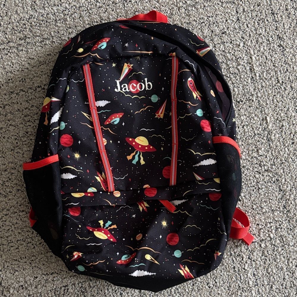 New! Lands' End Black Backpack Multicolor Space Design “Jacob” Monogram
